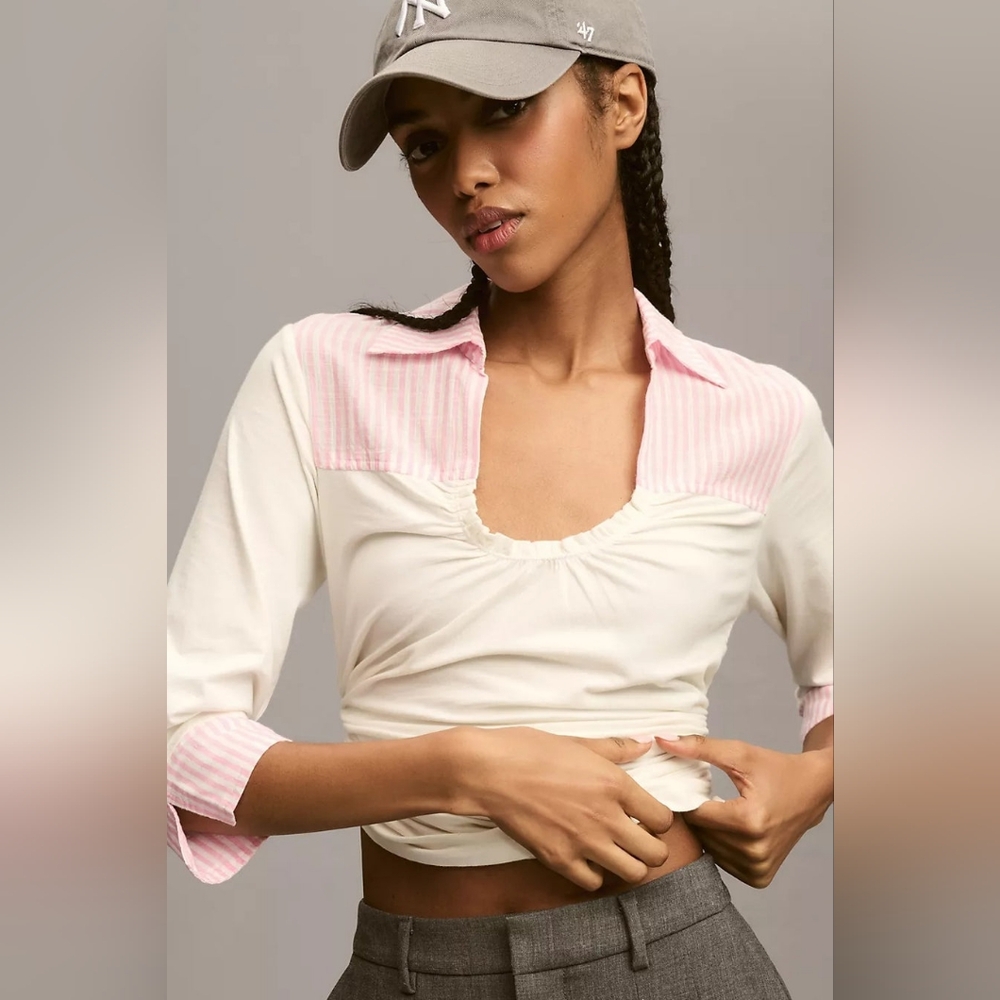 Maeve Pink and White Striped Scoop Neck Top Medium